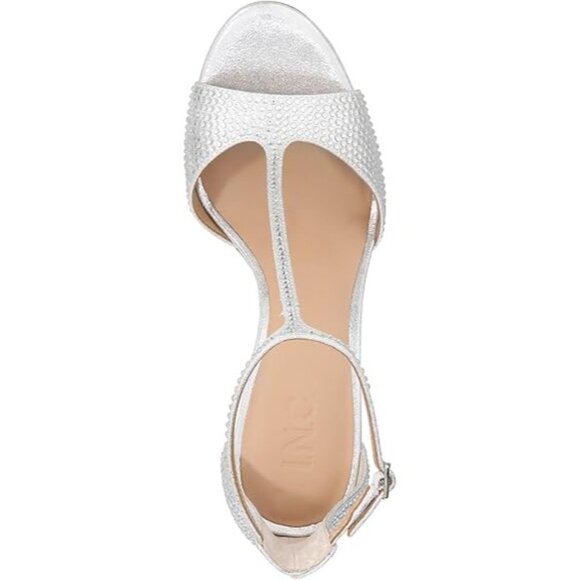 INC Women's Firah Rhinestone T-Strap Heels Shoes Silver Size 7.5 Medium - Picture 2 of 5
